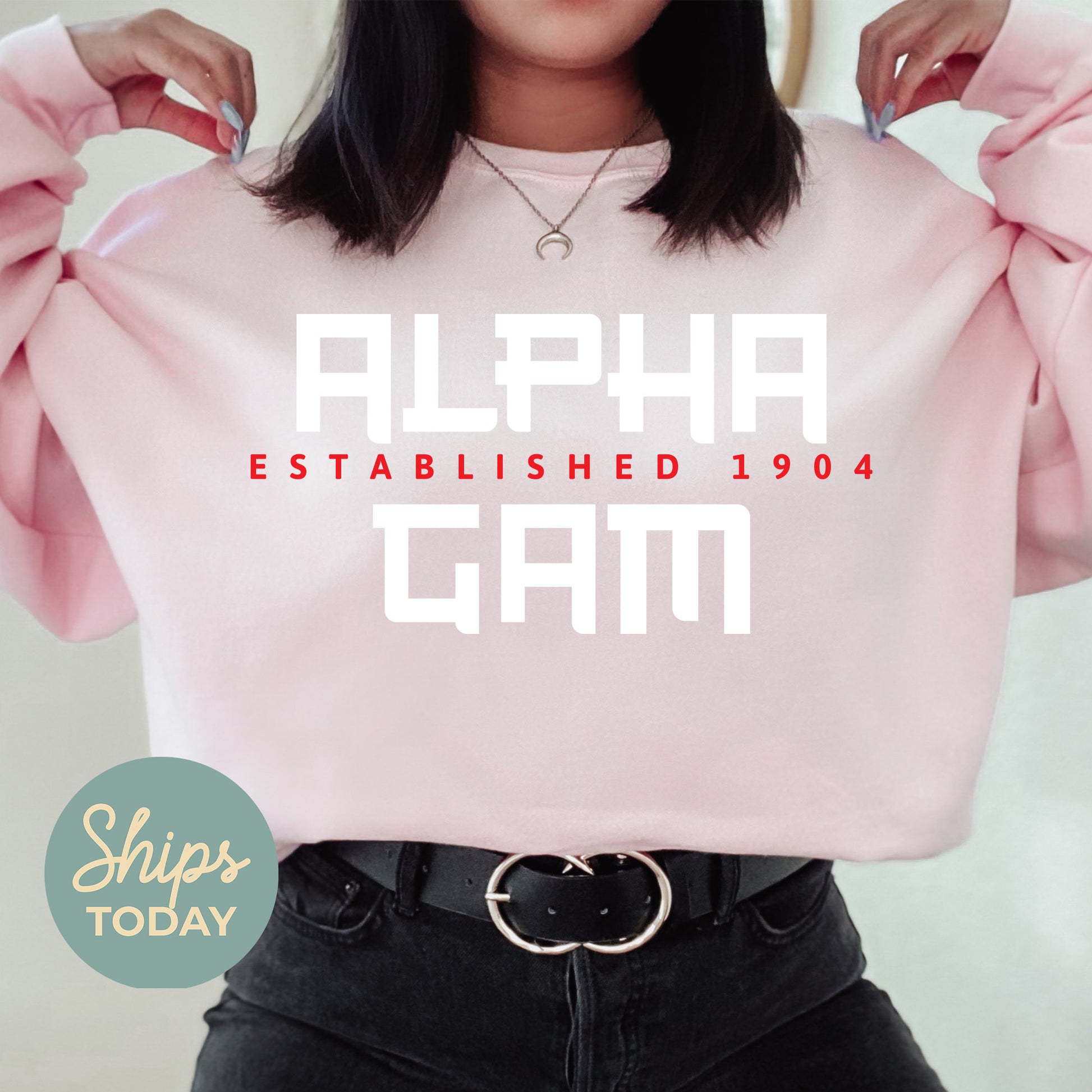 a woman wearing a pink sweatshirt that says alpha established 1994
