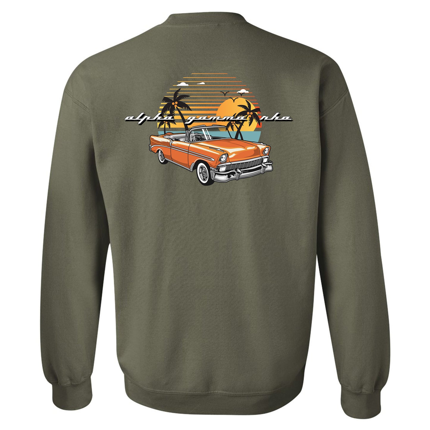a green sweatshirt with an orange car and palm trees
