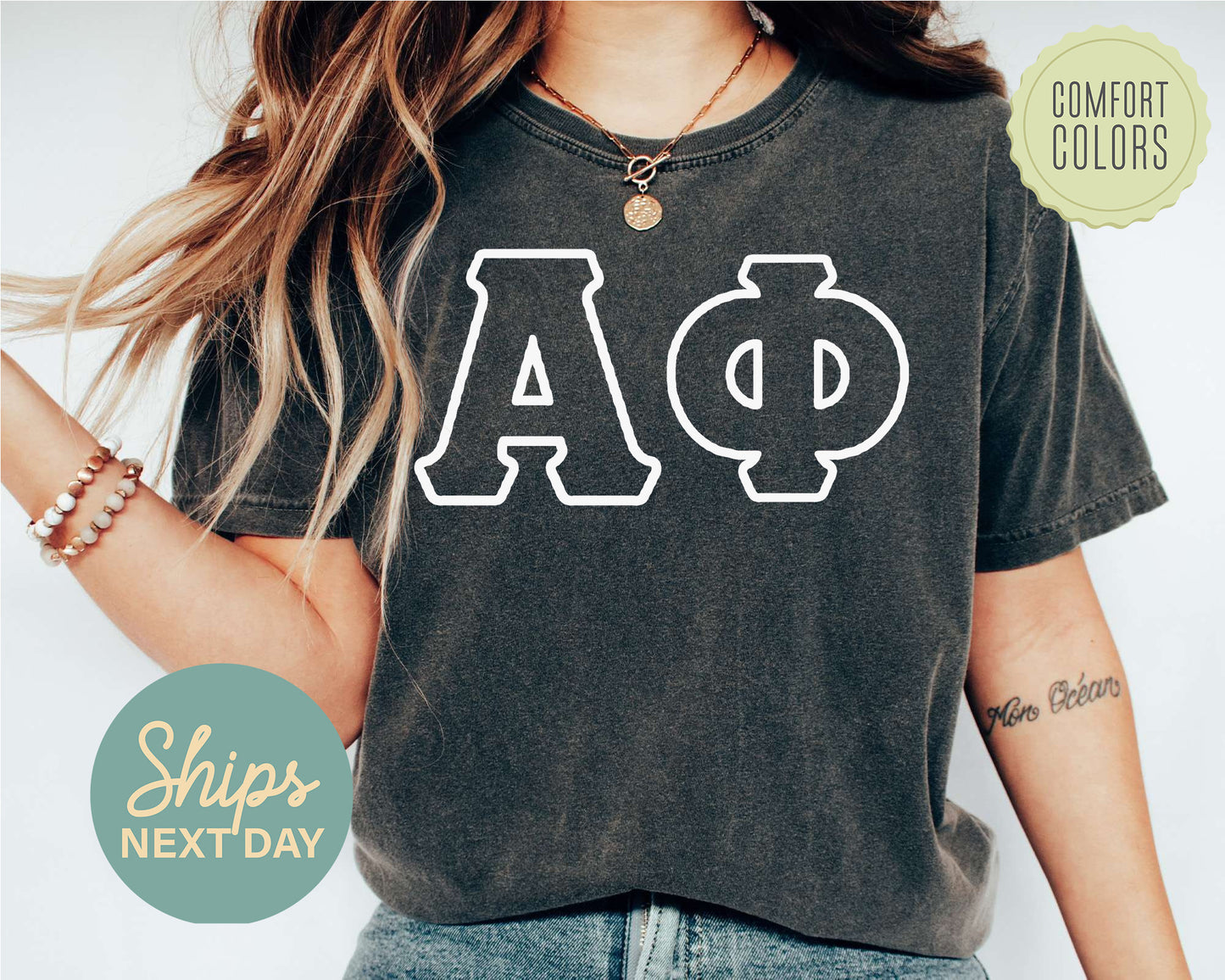 Alpha Phi White Letter Outline Comfort Colors Sorority T-shirt _ 30796g
