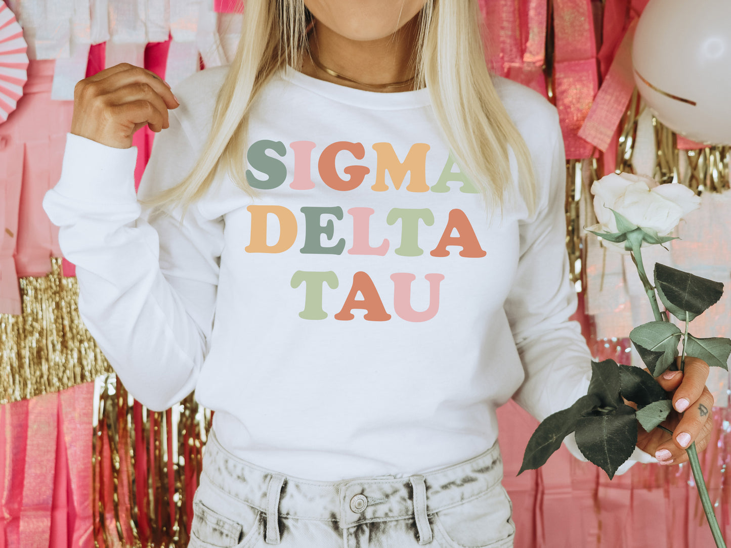 Sigma Delta Tau Bright and Proud Sorority Long Sleeve T-shirt _ 435g