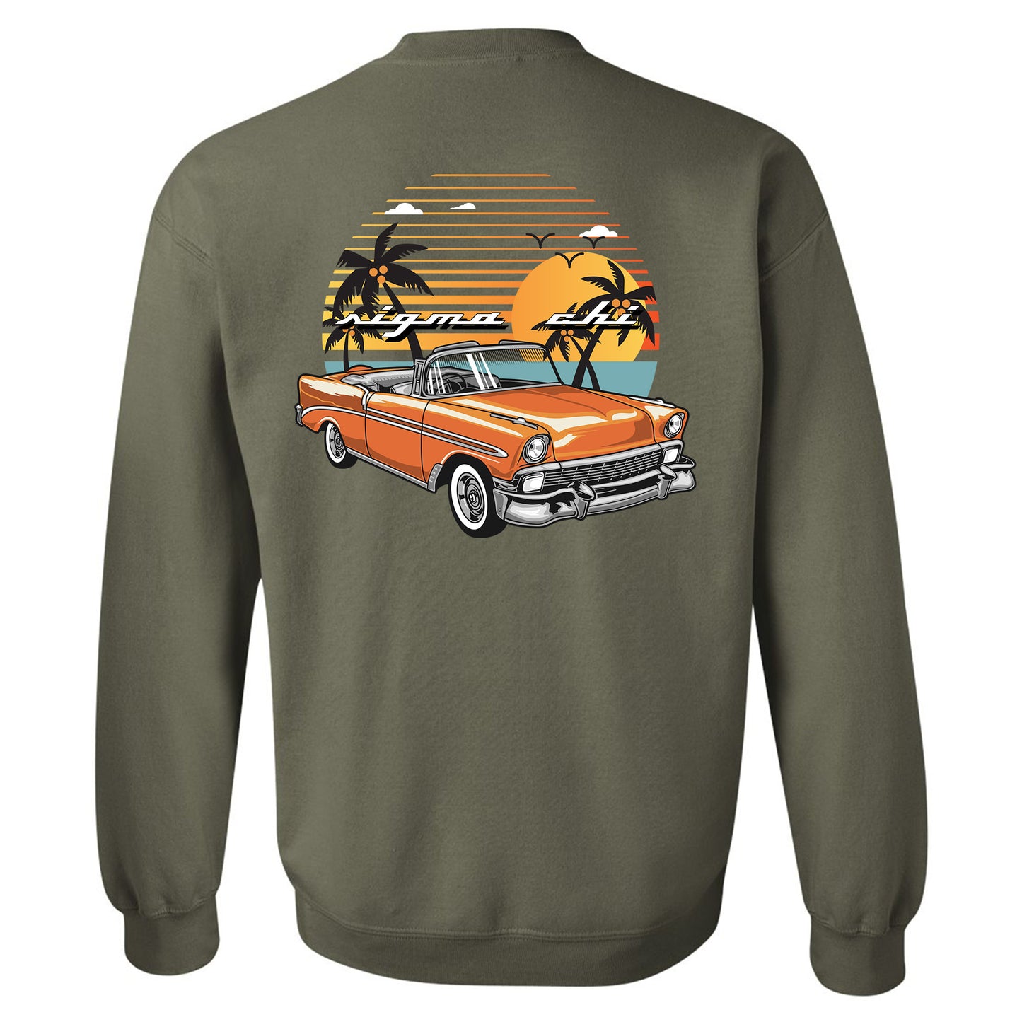 a green sweatshirt with an orange car and palm trees