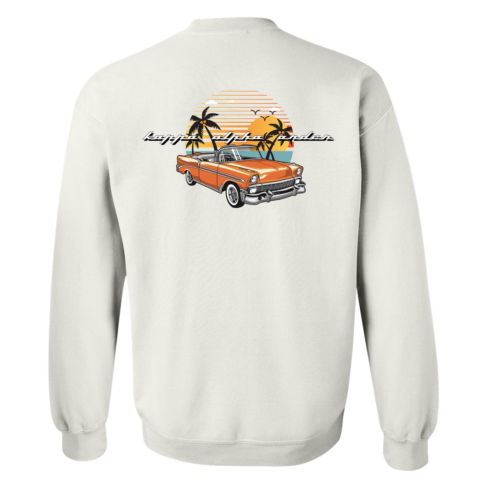 a white sweatshirt with an orange car and palm trees
