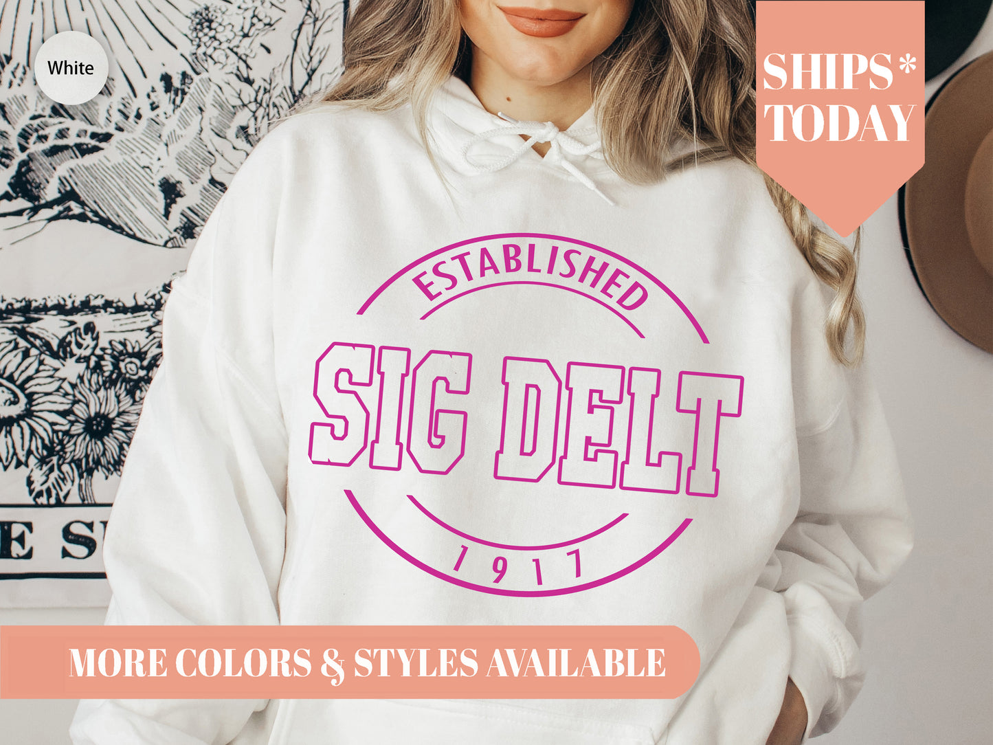 Sigma Delta Tau Pink Stamp Sorority Hoodie _ 72g