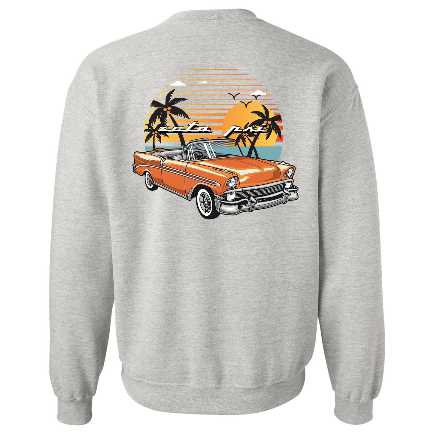 a grey sweatshirt with an orange car and palm trees