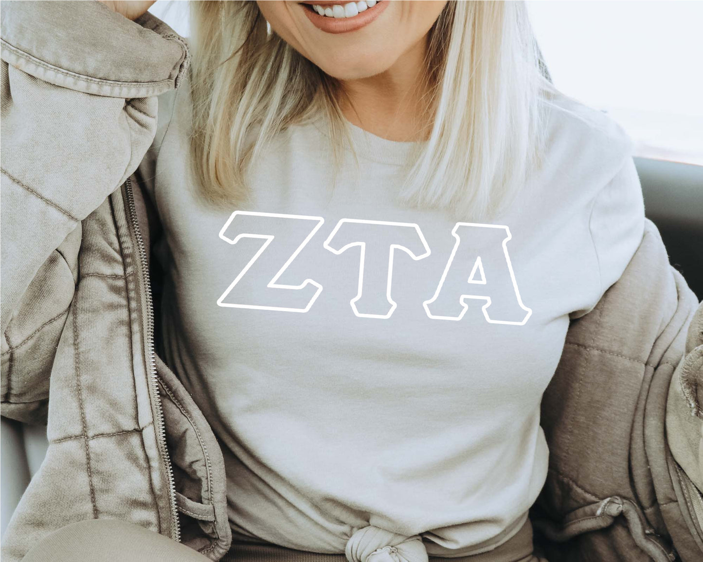 Zeta Tau Alpha White Letter Outline Sorority T-shirt _ 30816g