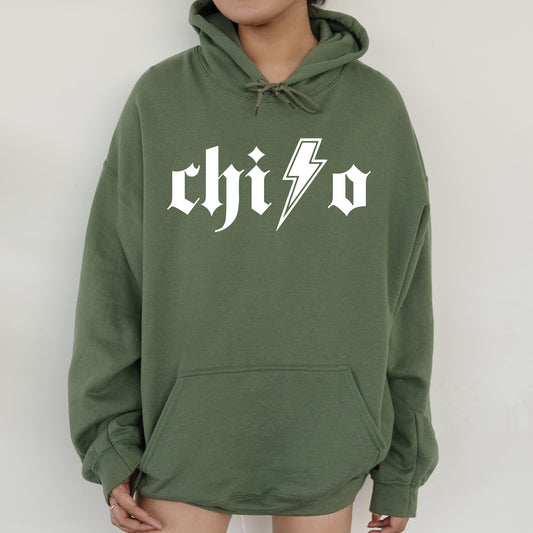 a person wearing a green hoodie with a lightning bolt on it