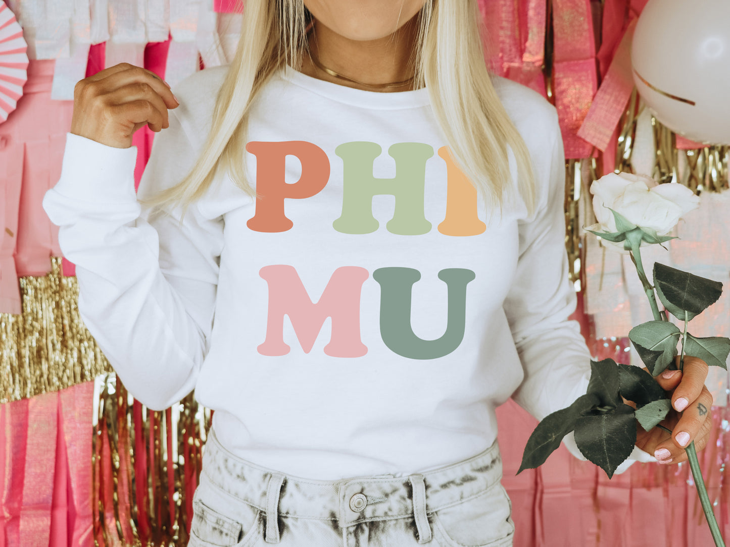 Phi Mu Bright and Proud Sorority Long Sleeve T-shirt | Phi Mu Merch _ 432g