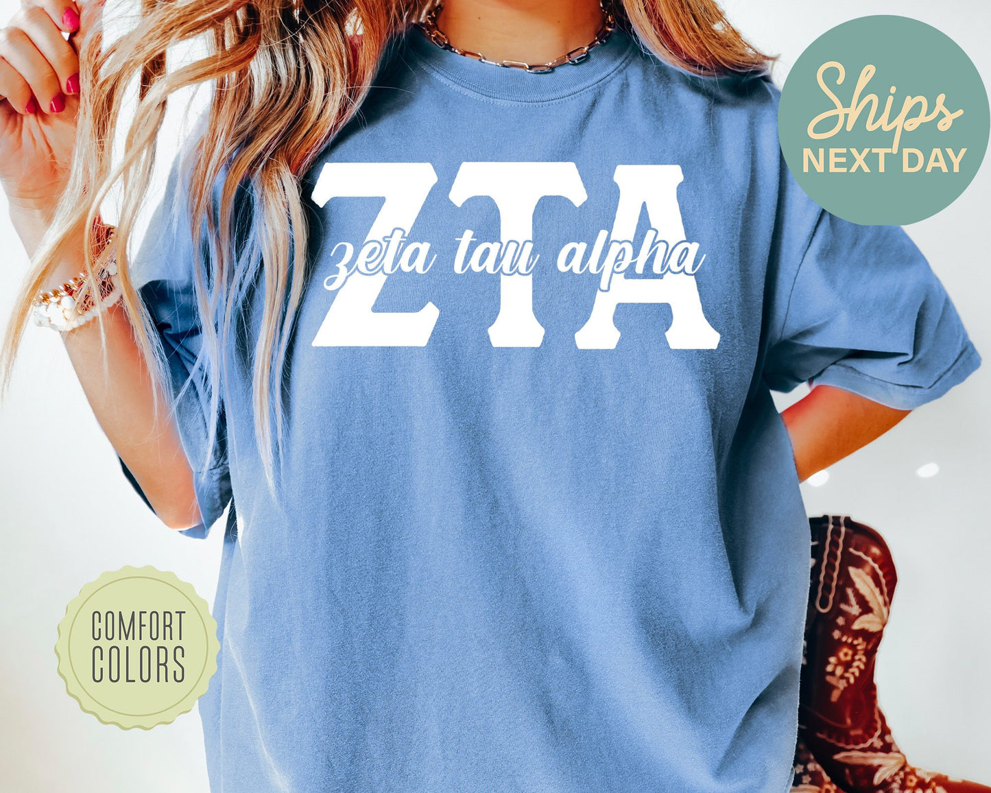 Zeta Tau Alpha Sliced White Letters Comfort Colors Sorority T-shirt _ 2263g