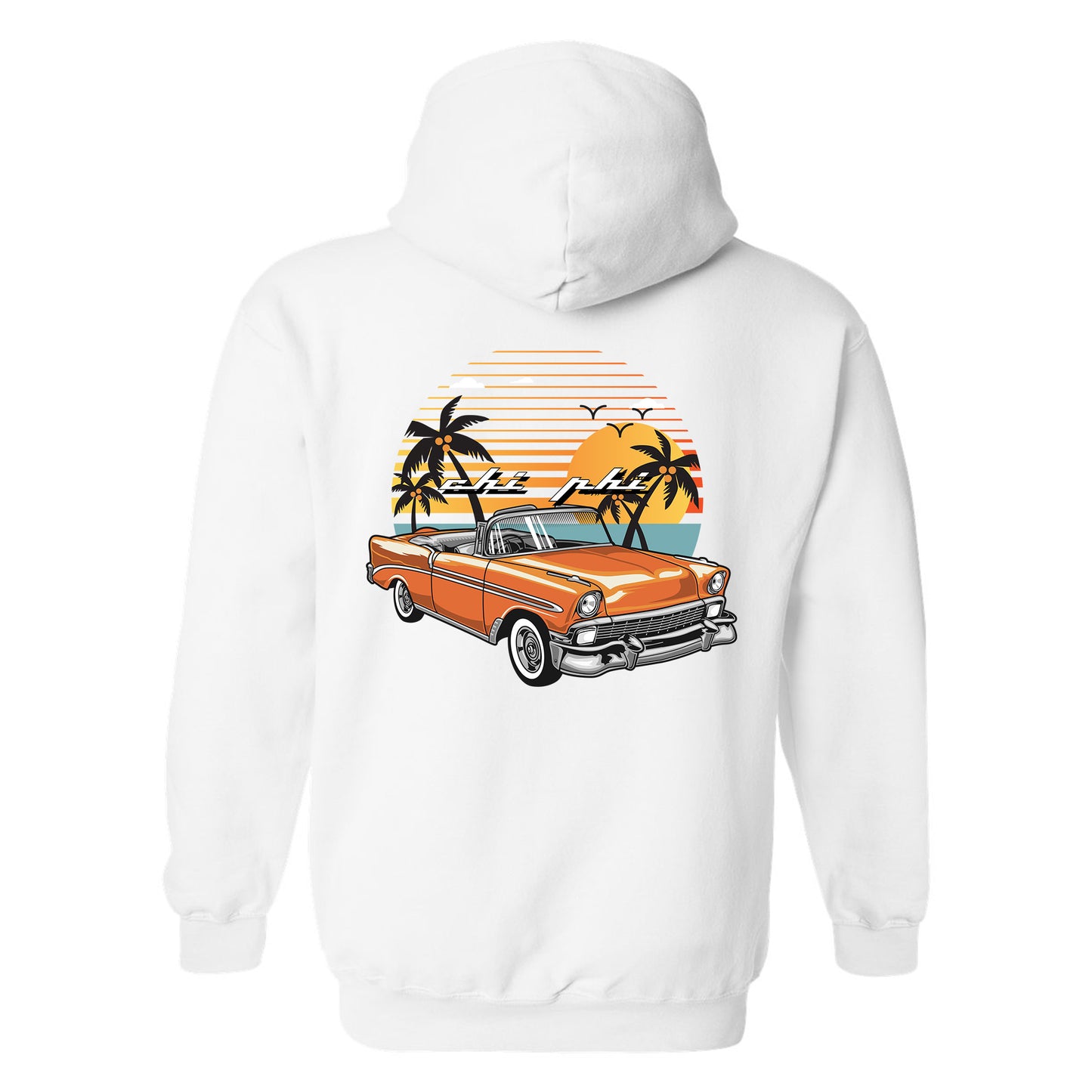 a white hoodie with an orange car and palm trees