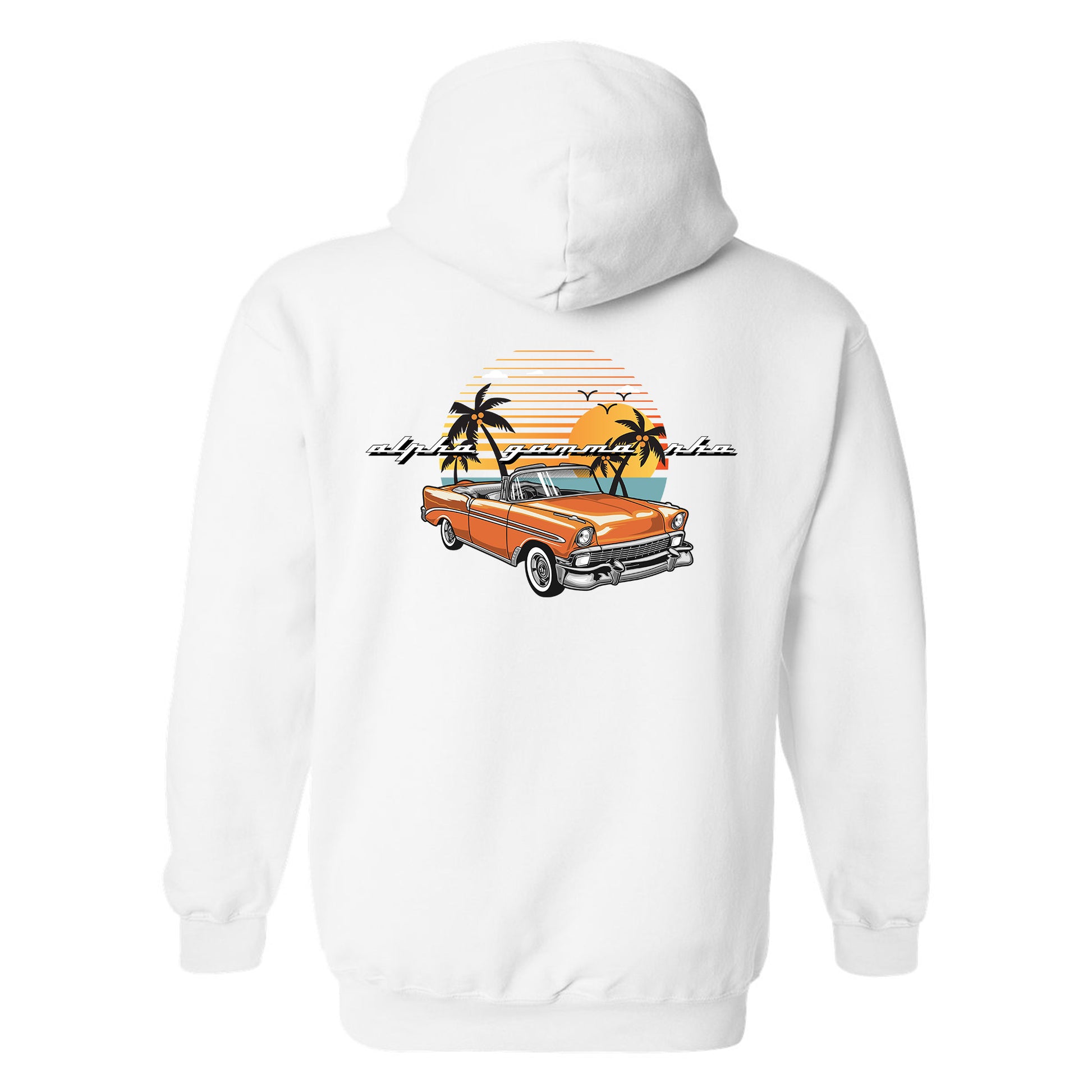 a white hoodie with an orange car and palm trees