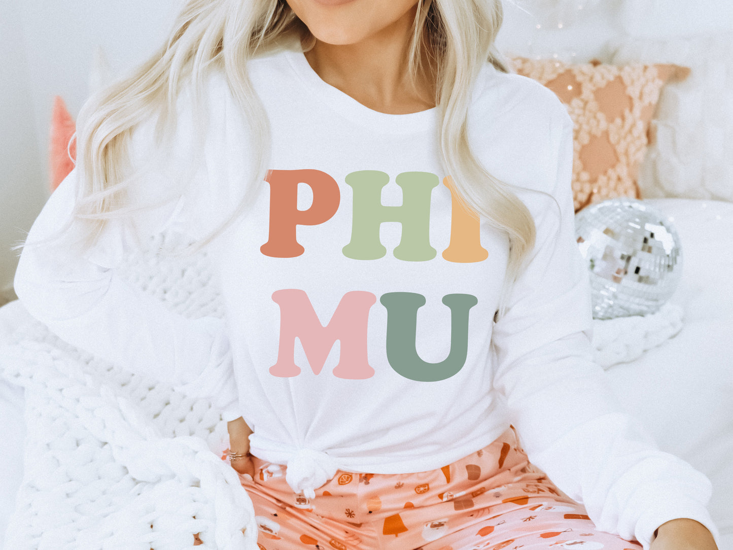 Phi Mu Bright and Proud Sorority Long Sleeve T-shirt | Phi Mu Merch _ 432g