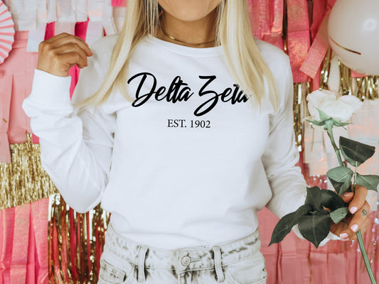 Delta Zeta Black Flowy Sorority Long Sleeve T-shirt _ 90g