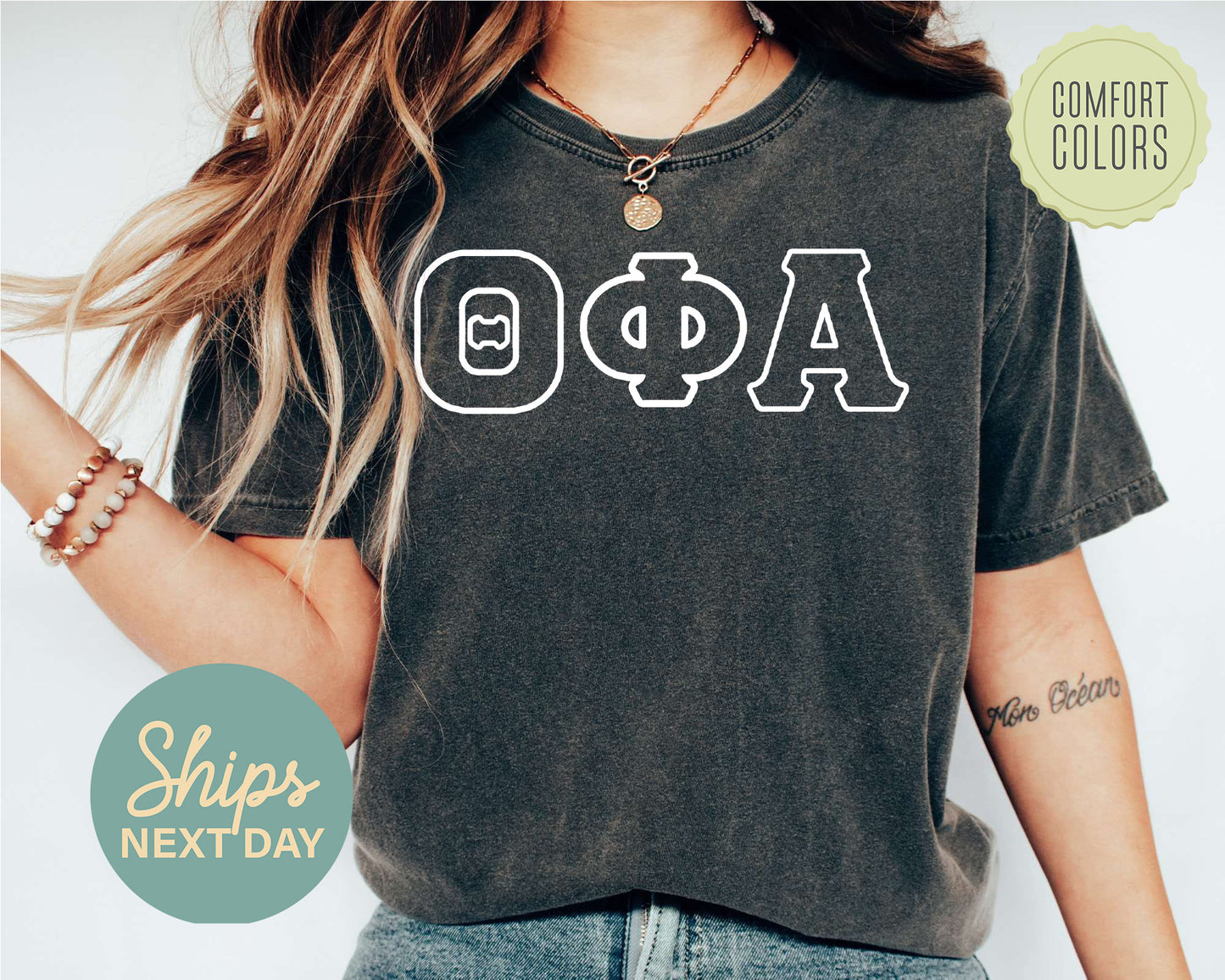 Theta Phi Alpha White Letter Outline Comfort Colors Sorority T-shirt _ 30815g