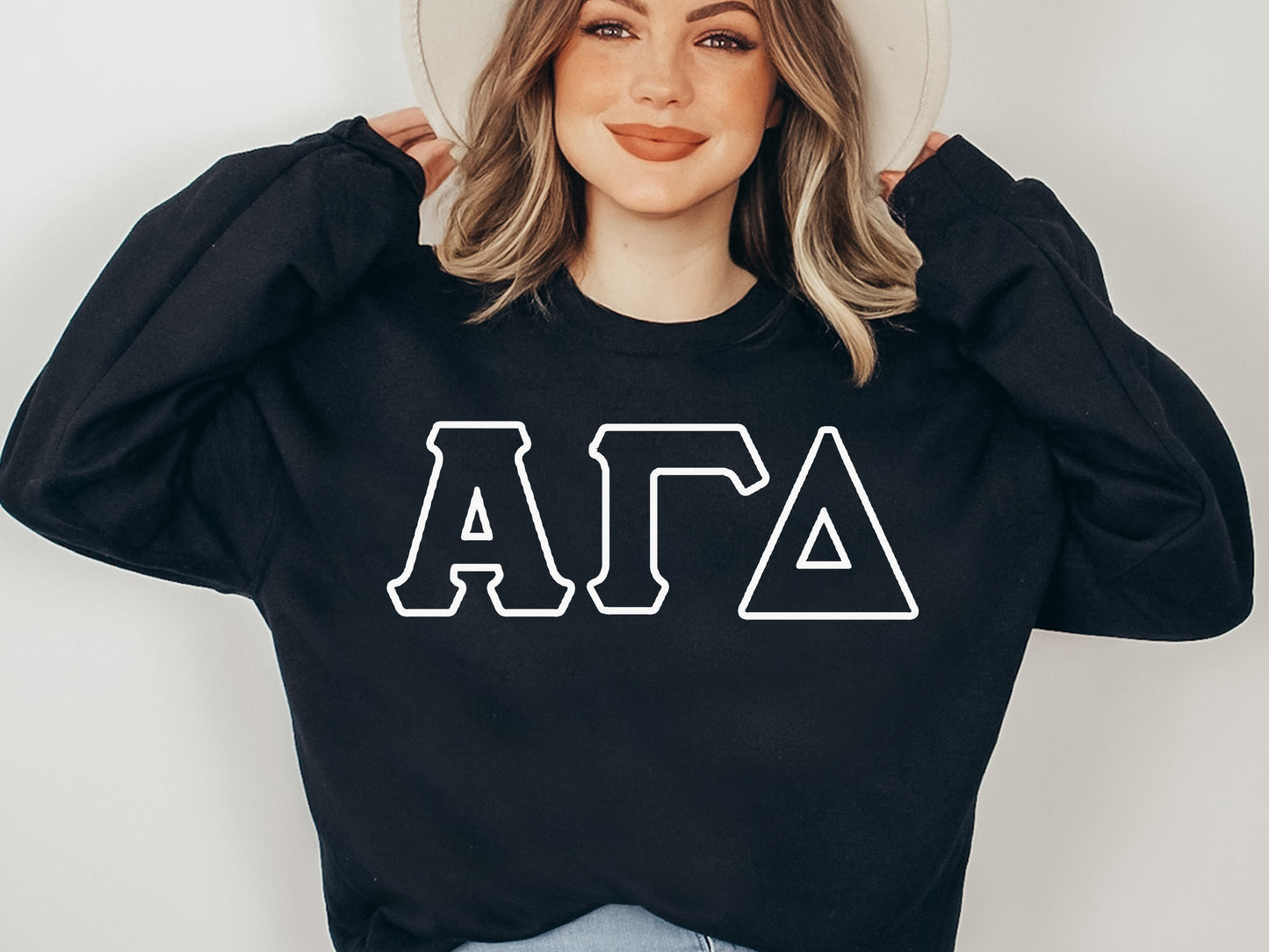 Alpha Gamma Delta White Letter Outline Sorority Sweatshirt _ 30794g
