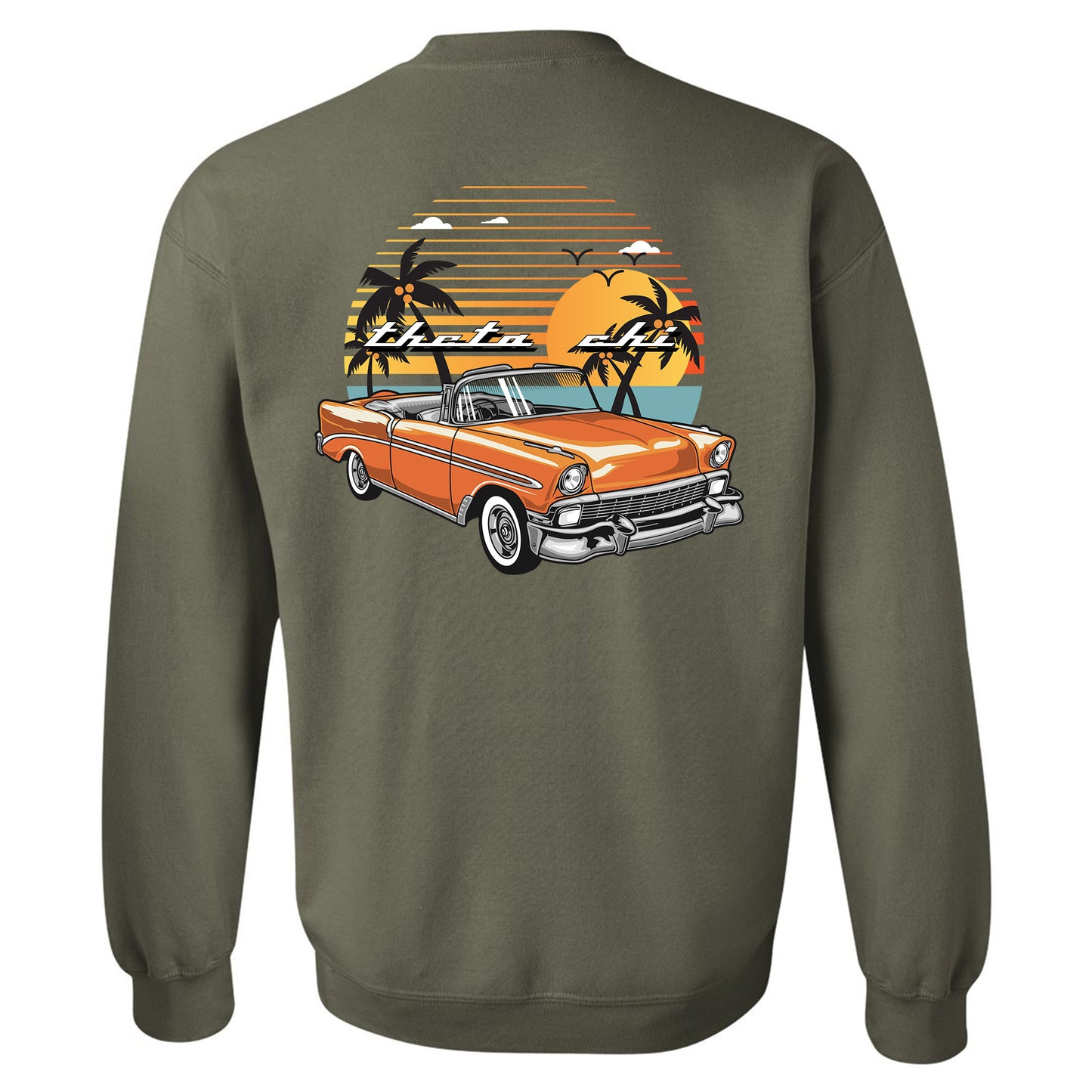 a green sweatshirt with an orange car and palm trees