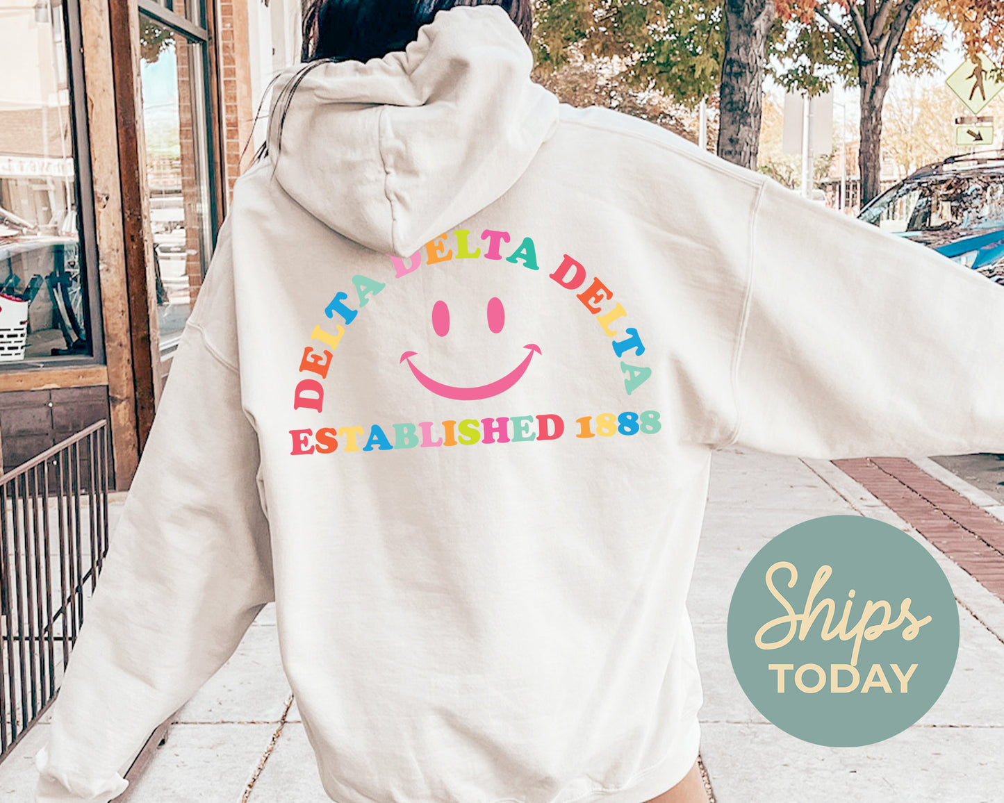 Delta Delta Delta Gleaming Smiley Face Sorority Hoodie _ 33060g