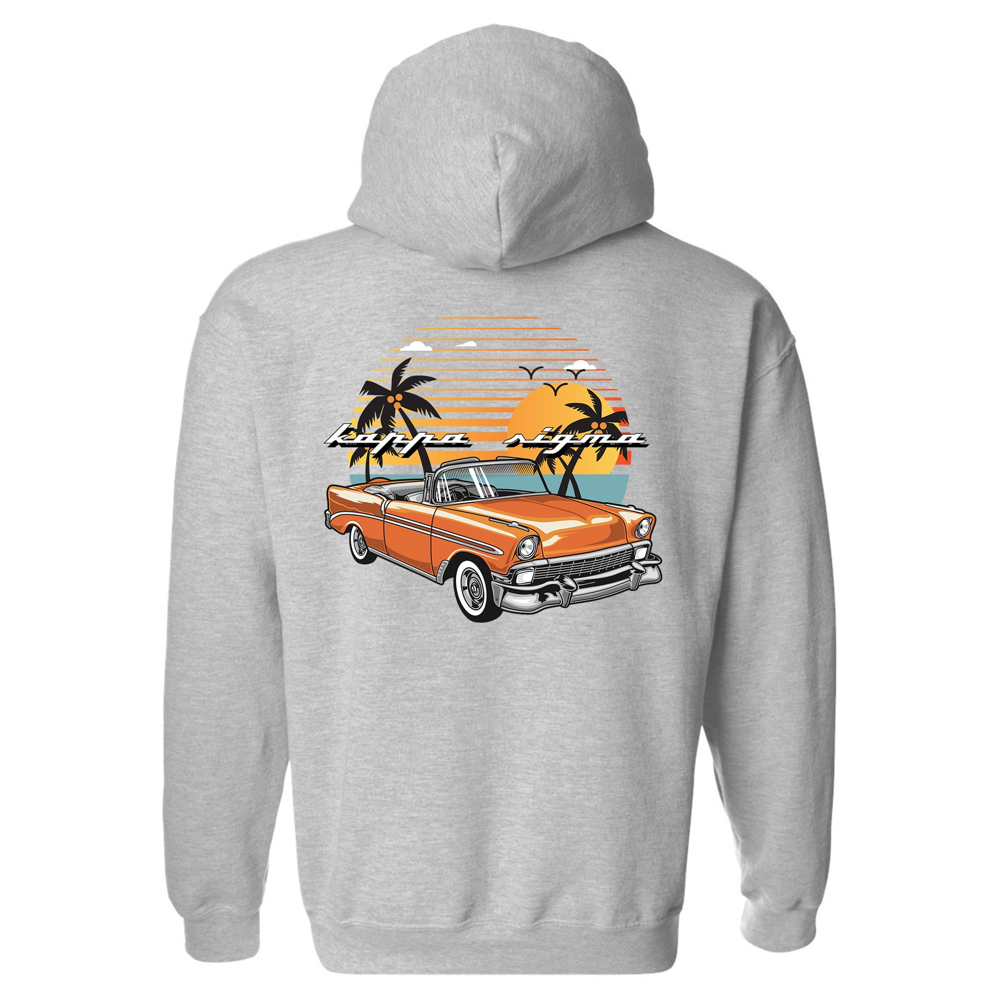 a grey hoodie with an orange car and palm trees