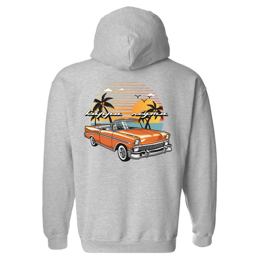 a grey hoodie with an orange car and palm trees
