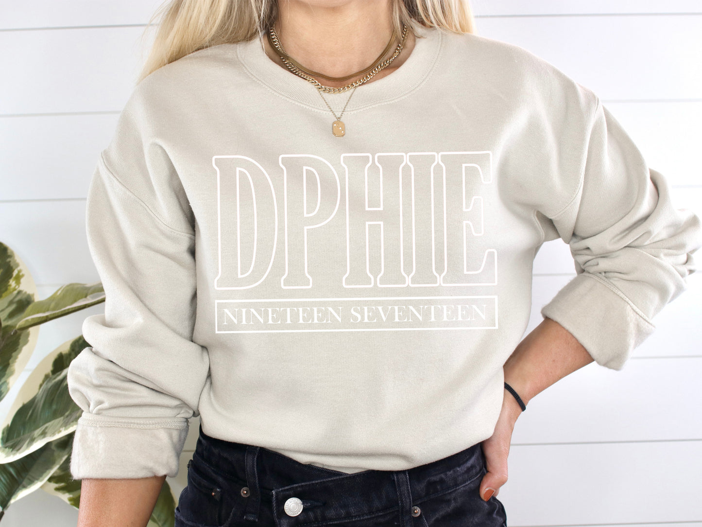 Delta Phi Epsilon Stencil Stacked Sorority Sweatshirt _ 2146g