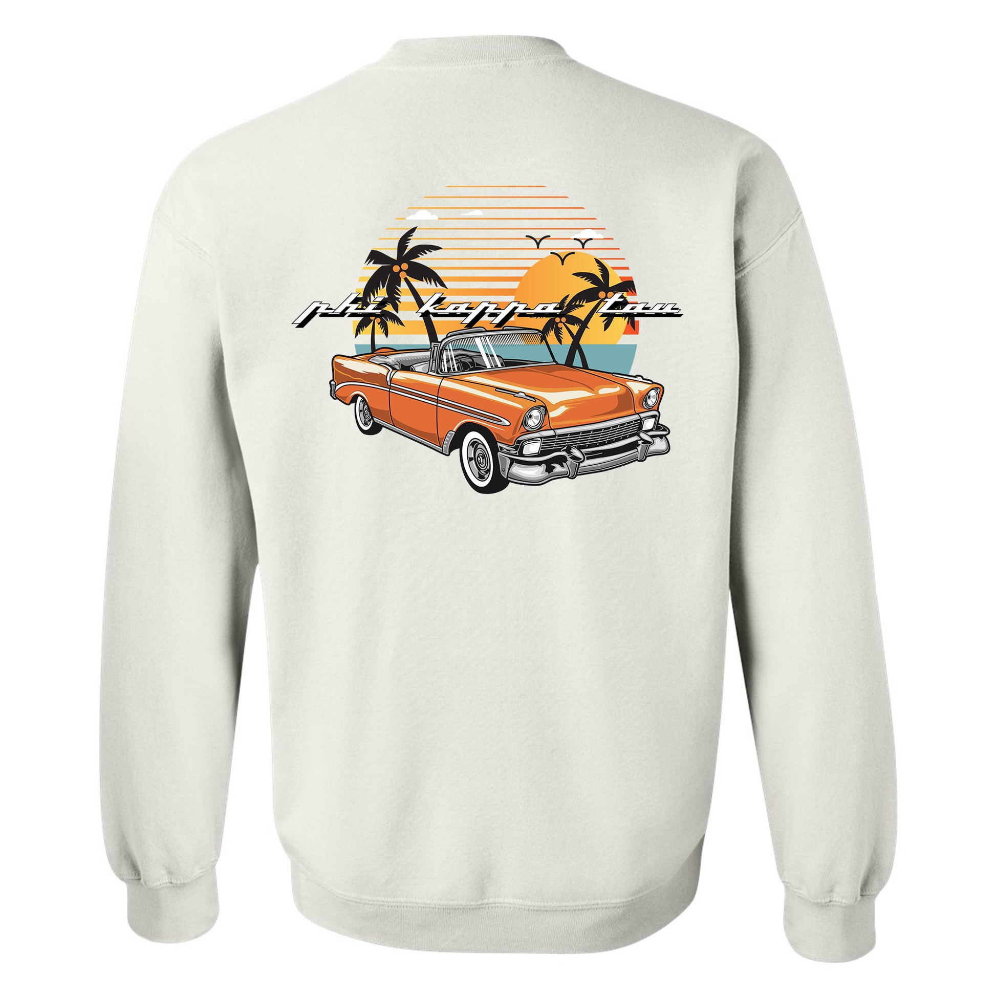 a white sweatshirt with an orange car and palm trees