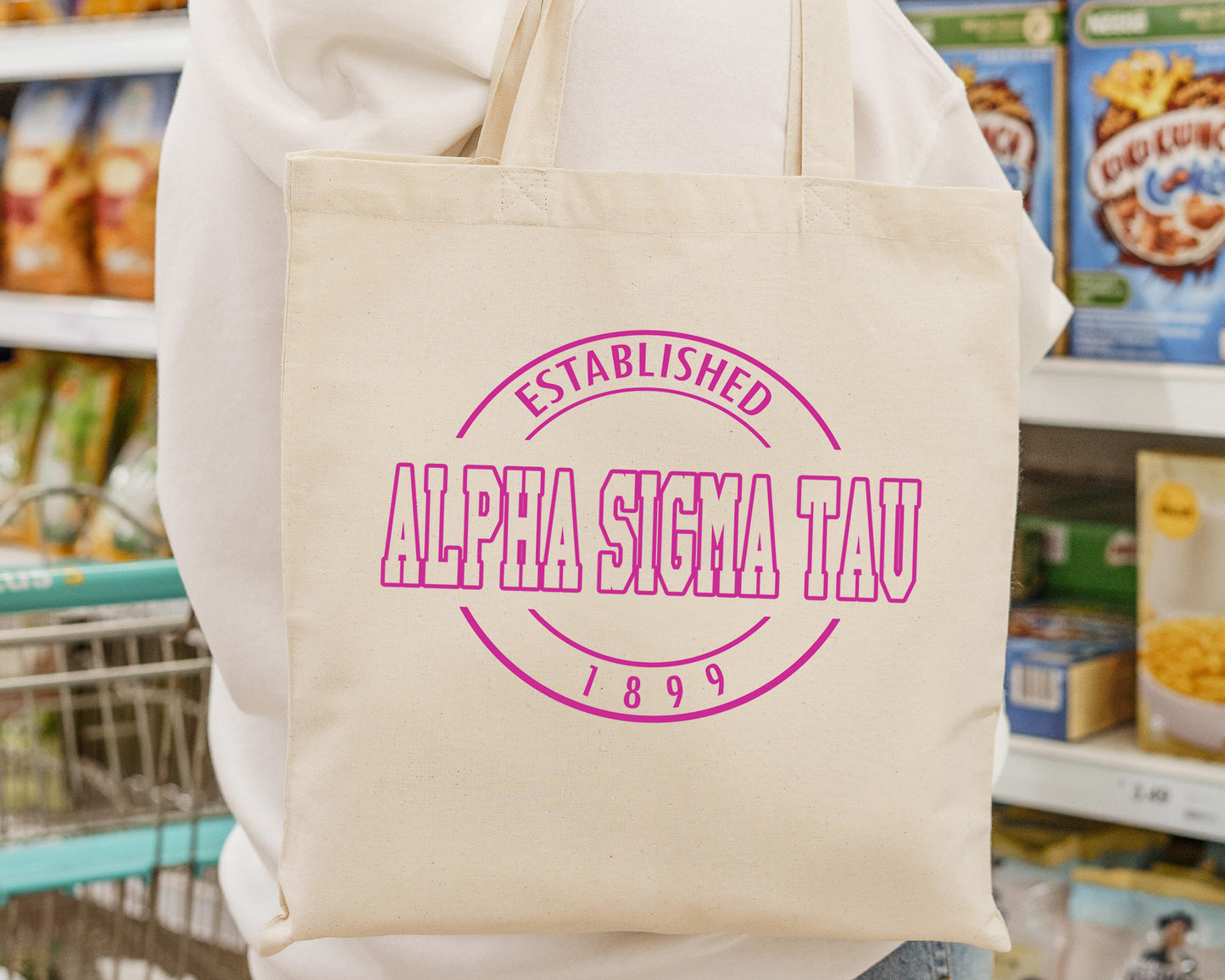 Alpha Sigma Tau Pink Stamp Sorority Tote Bag _ 34444g