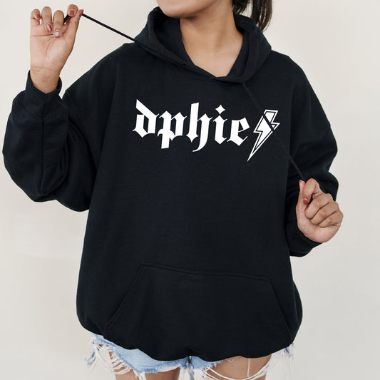 a woman wearing a black hoodie with a lightning bolt on it