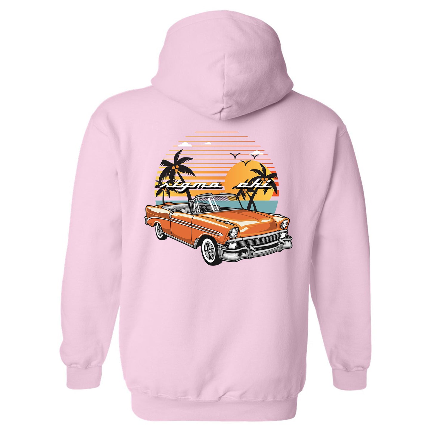 a pink hoodie with an orange car and palm trees