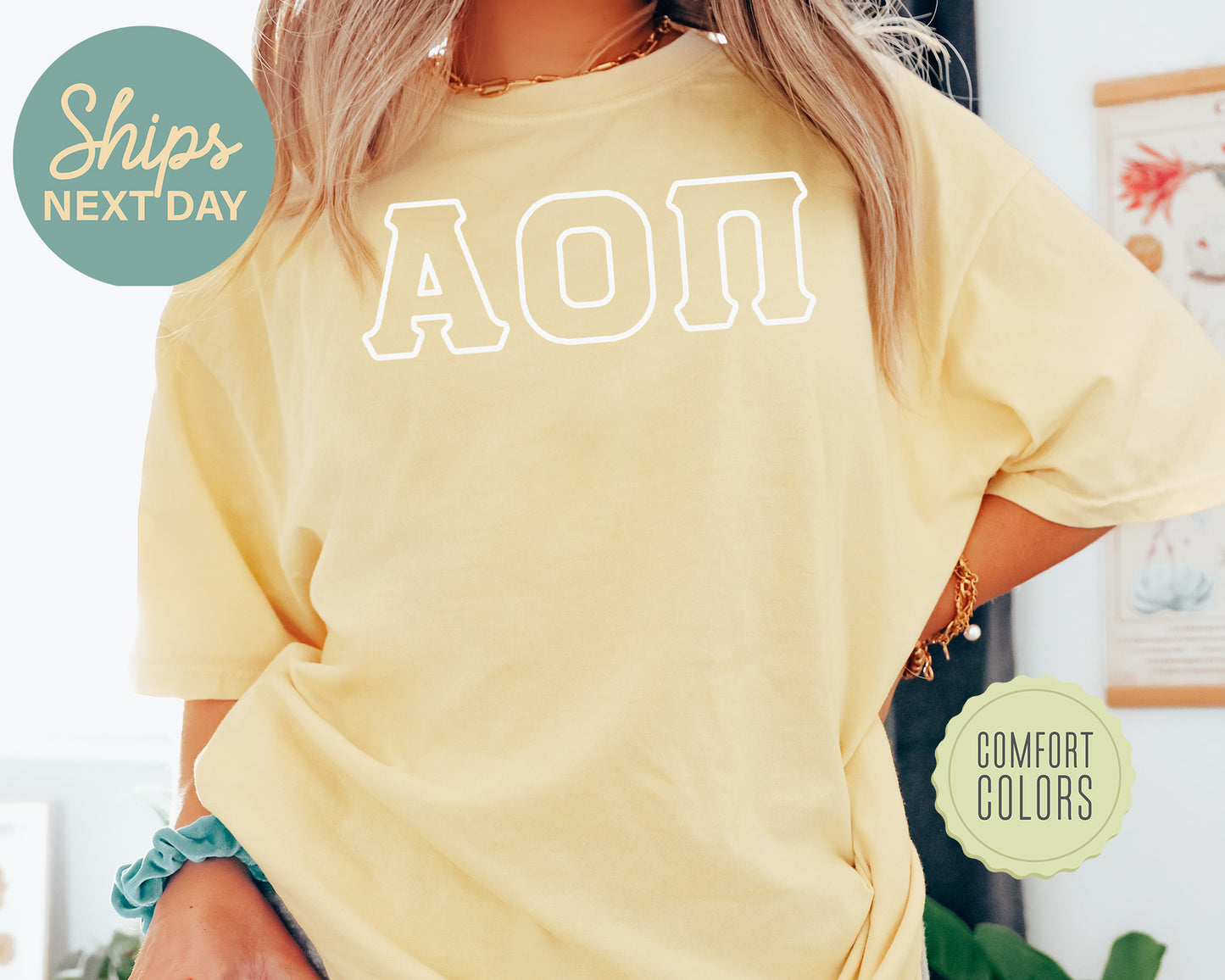 Alpha Omicron Pi White Letter Outline Comfort Colors Sorority T-shirt _ 30795g