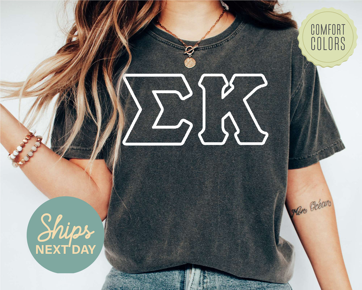 Sigma Kappa White Letter Outline Comfort Colors Sorority T-shirt _ 30813g