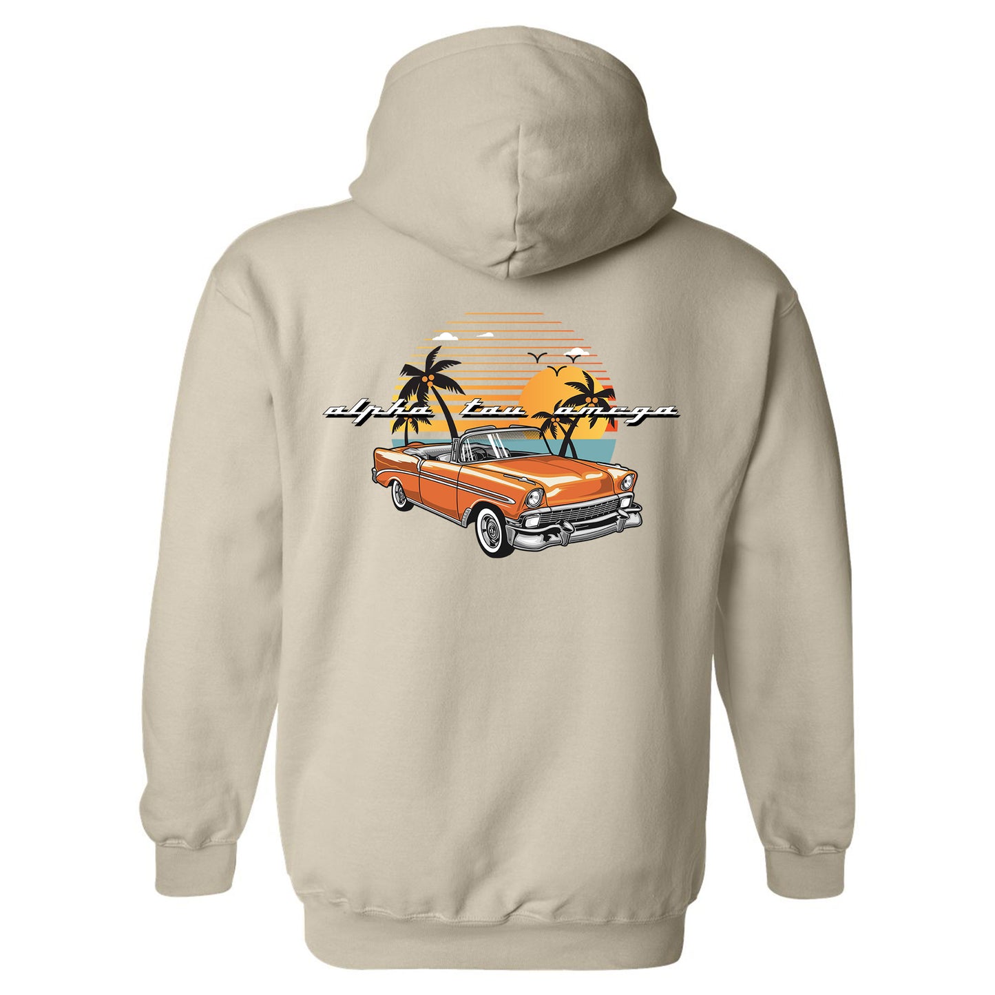 a white hoodie with an orange car and palm trees
