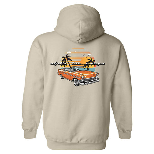 a white hoodie with an orange car and palm trees