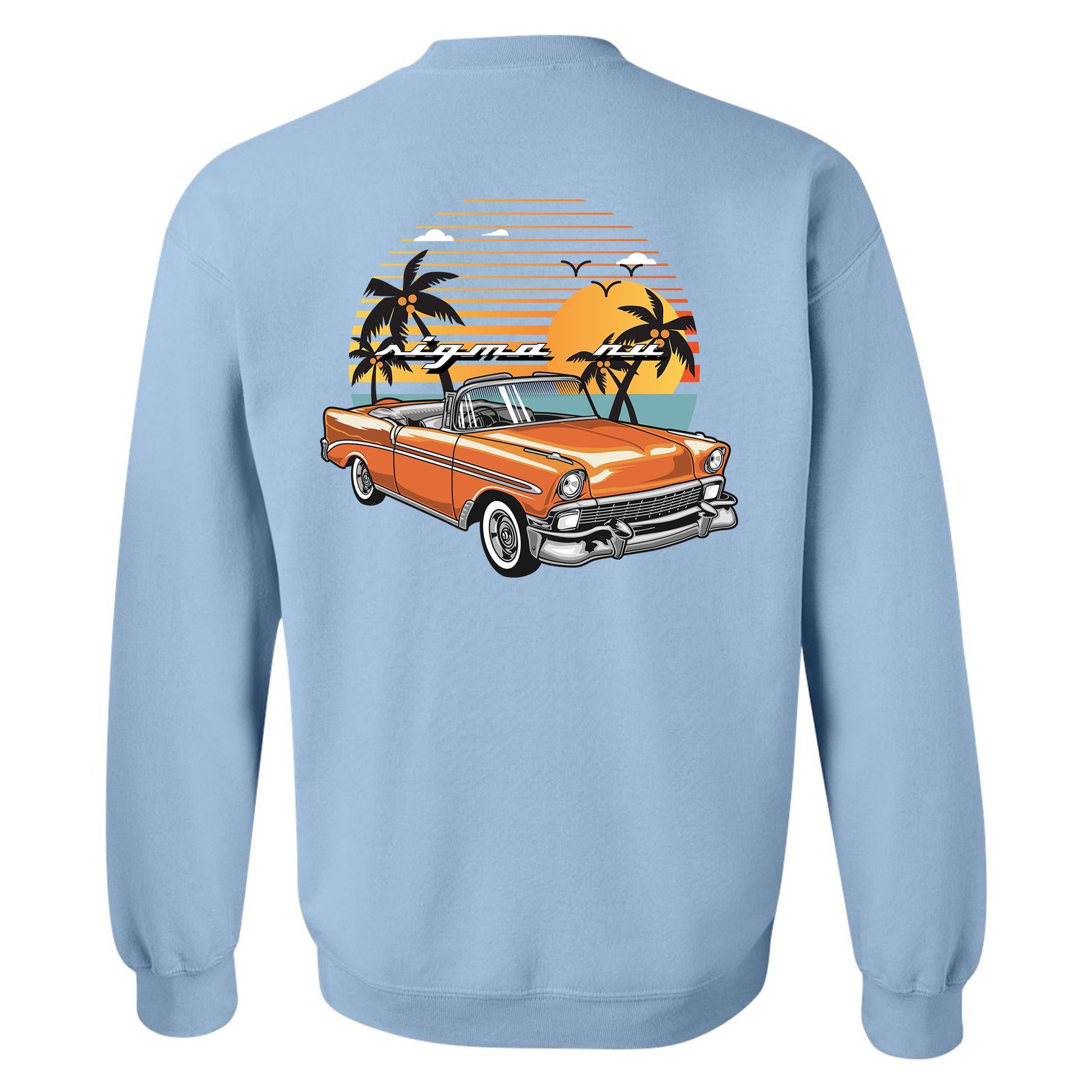 a blue sweatshirt with an orange car and palm trees