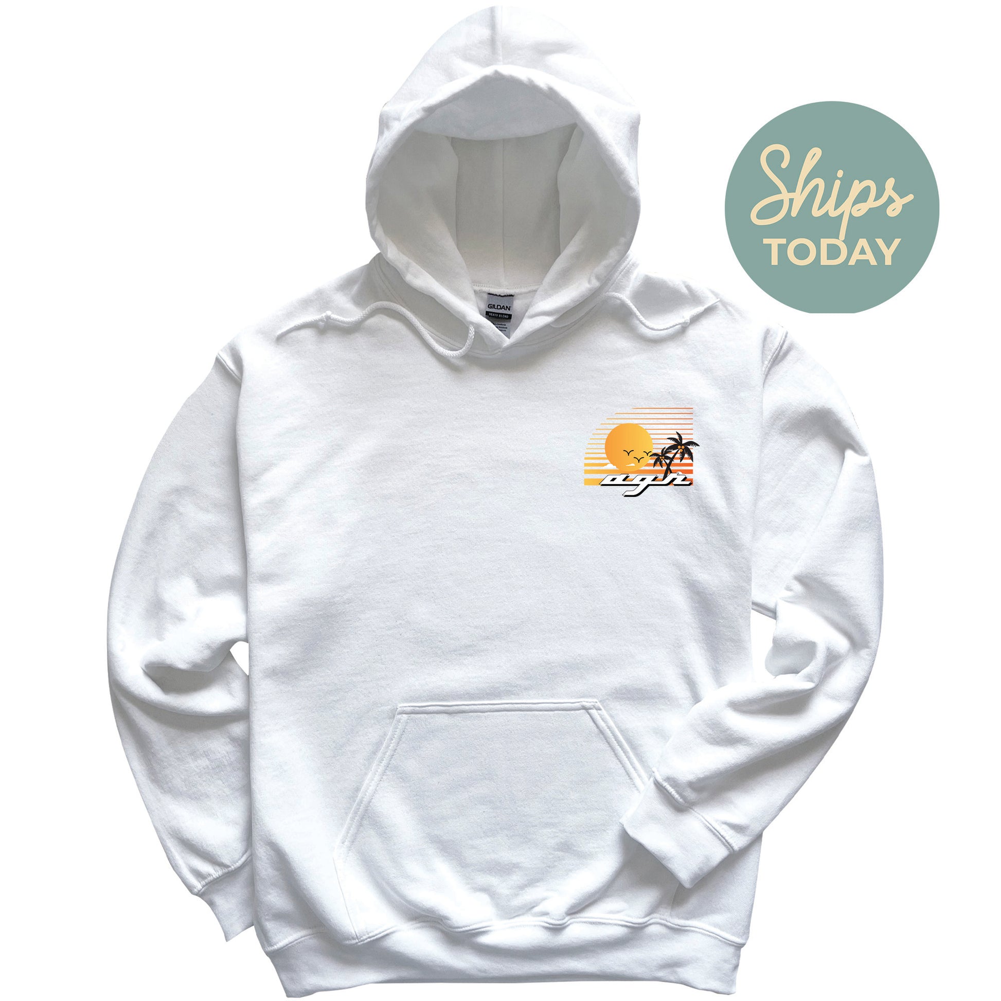 a white hoodie with the words ships today on it