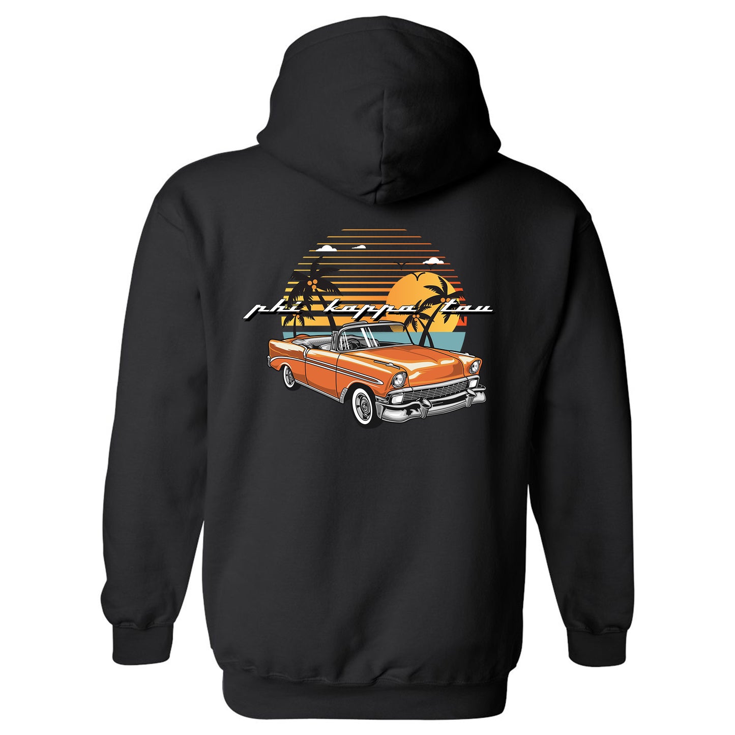 a black hoodie with an orange car and palm trees