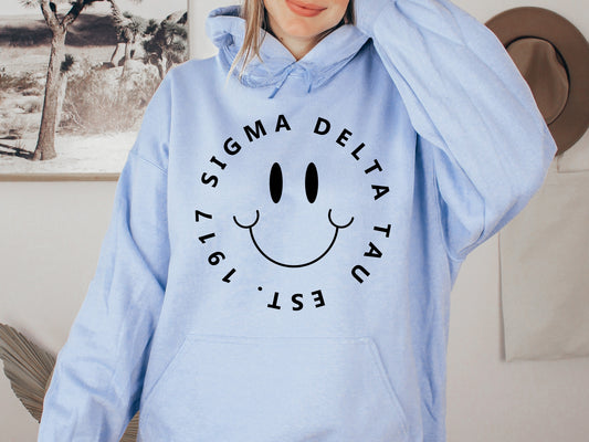 Sigma Delta Tau Smiley Face Halo Sorority Hoodie _ 2520g