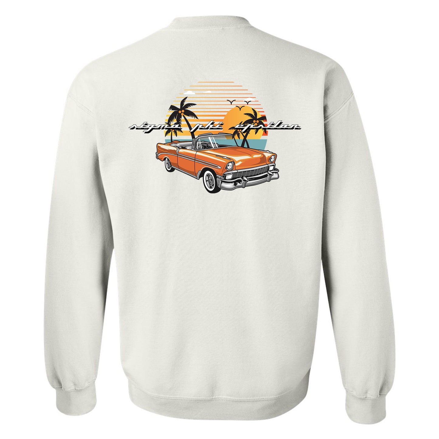 a white sweatshirt with an orange car and palm trees