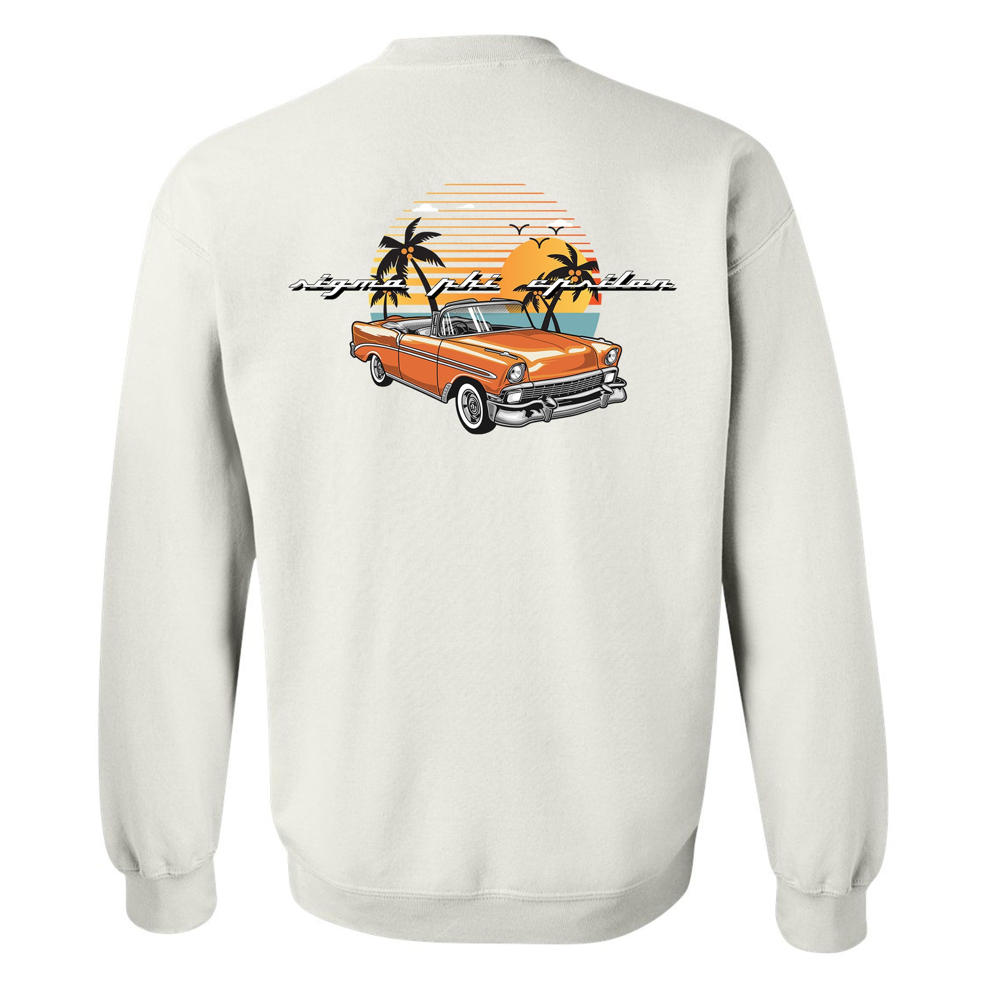 a white sweatshirt with an orange car and palm trees