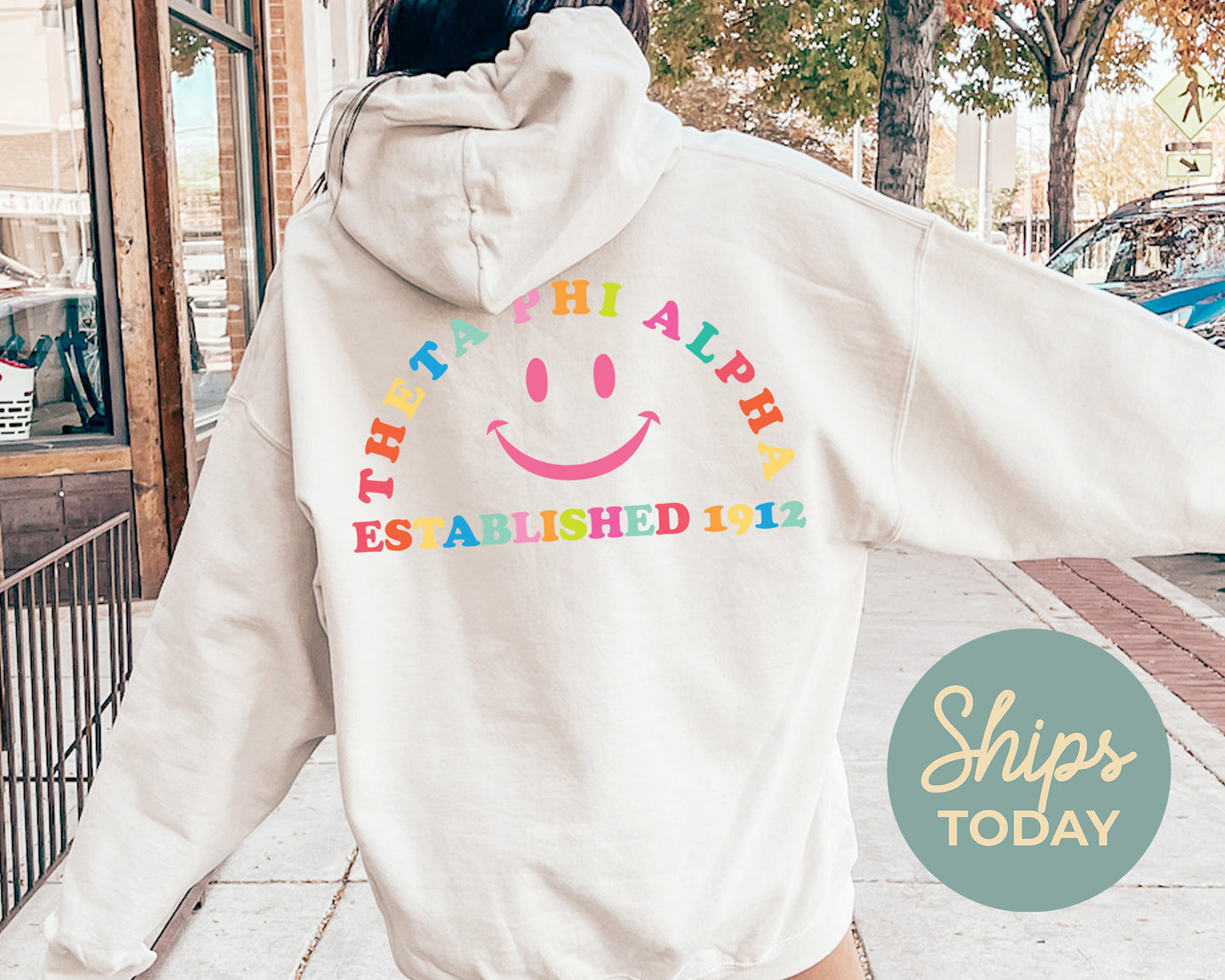 Theta Phi Alpha Gleaming Smiley Face Sorority Hoodie _ 33074g