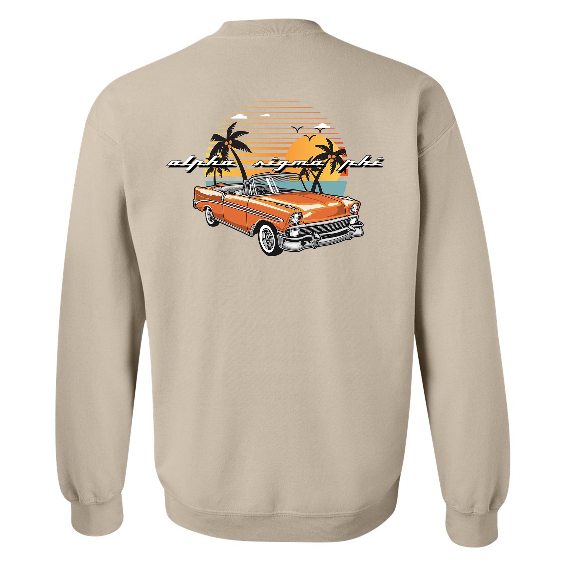 a tan sweatshirt with an orange car and palm trees