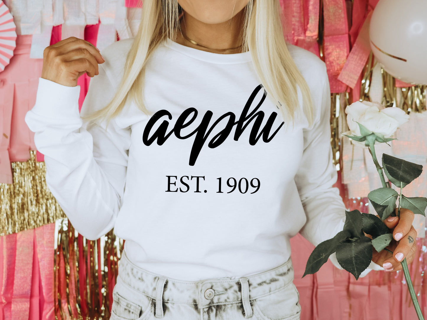 Alpha Epsilon Phi Black Flowy Sorority Long Sleeve T-shirt _ 79g