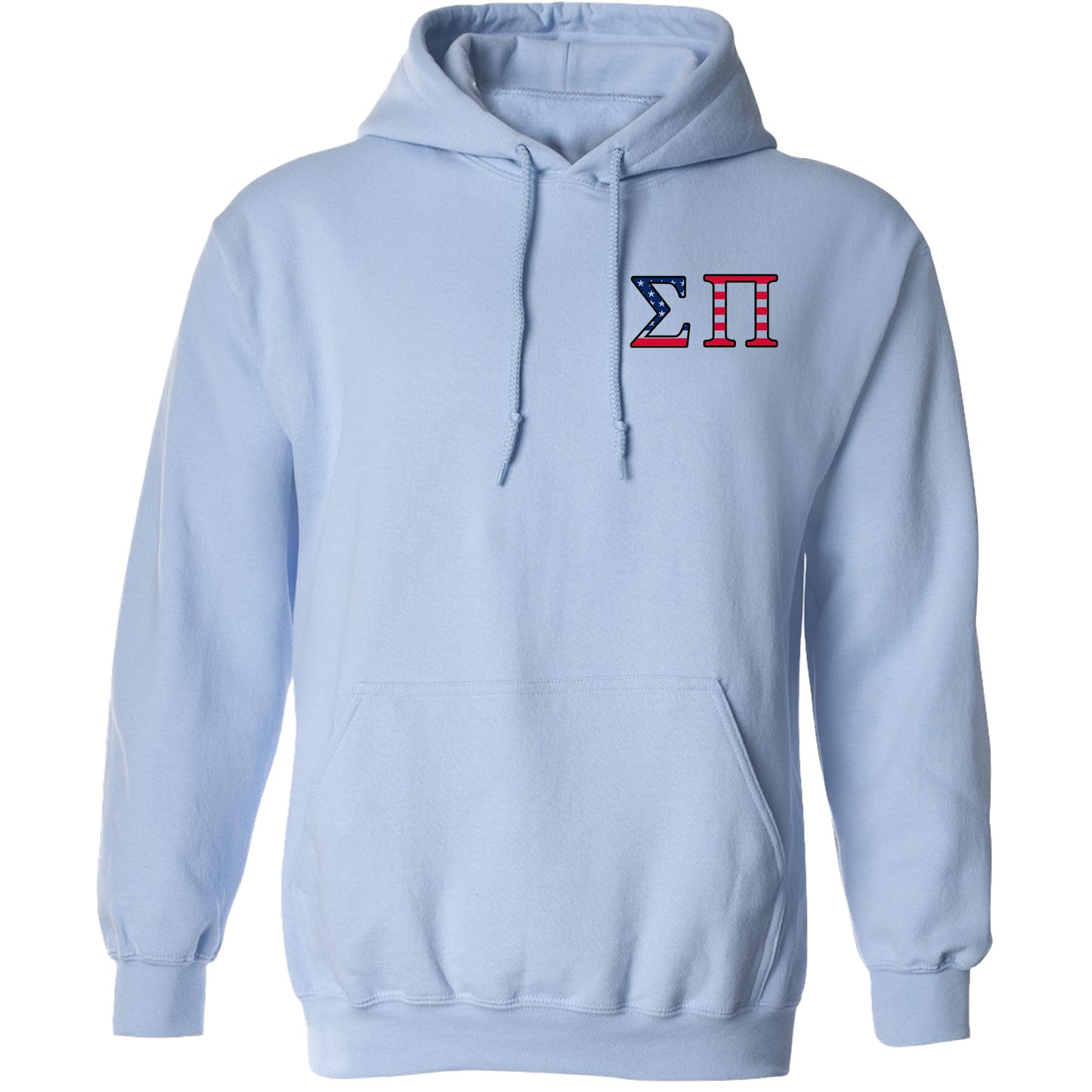 a light blue hoodie with the letter h in red, white, and blue
