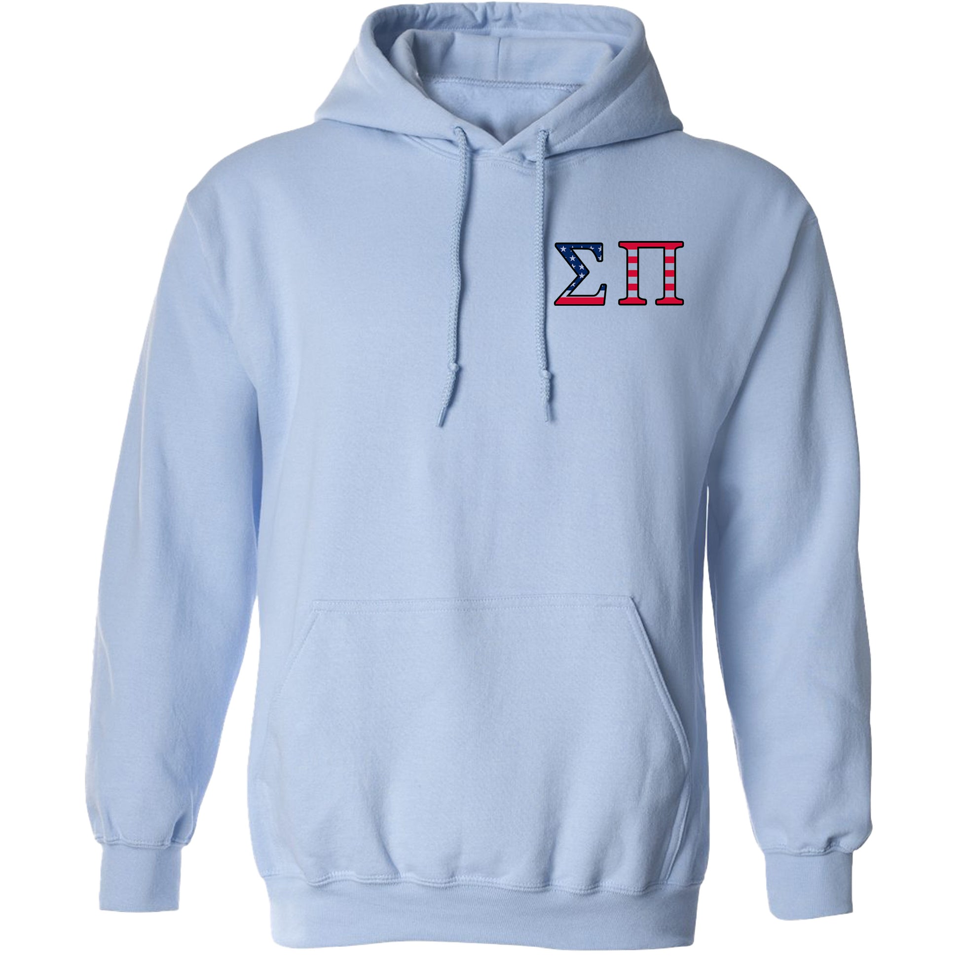 a light blue hoodie with the letter h in red, white, and blue