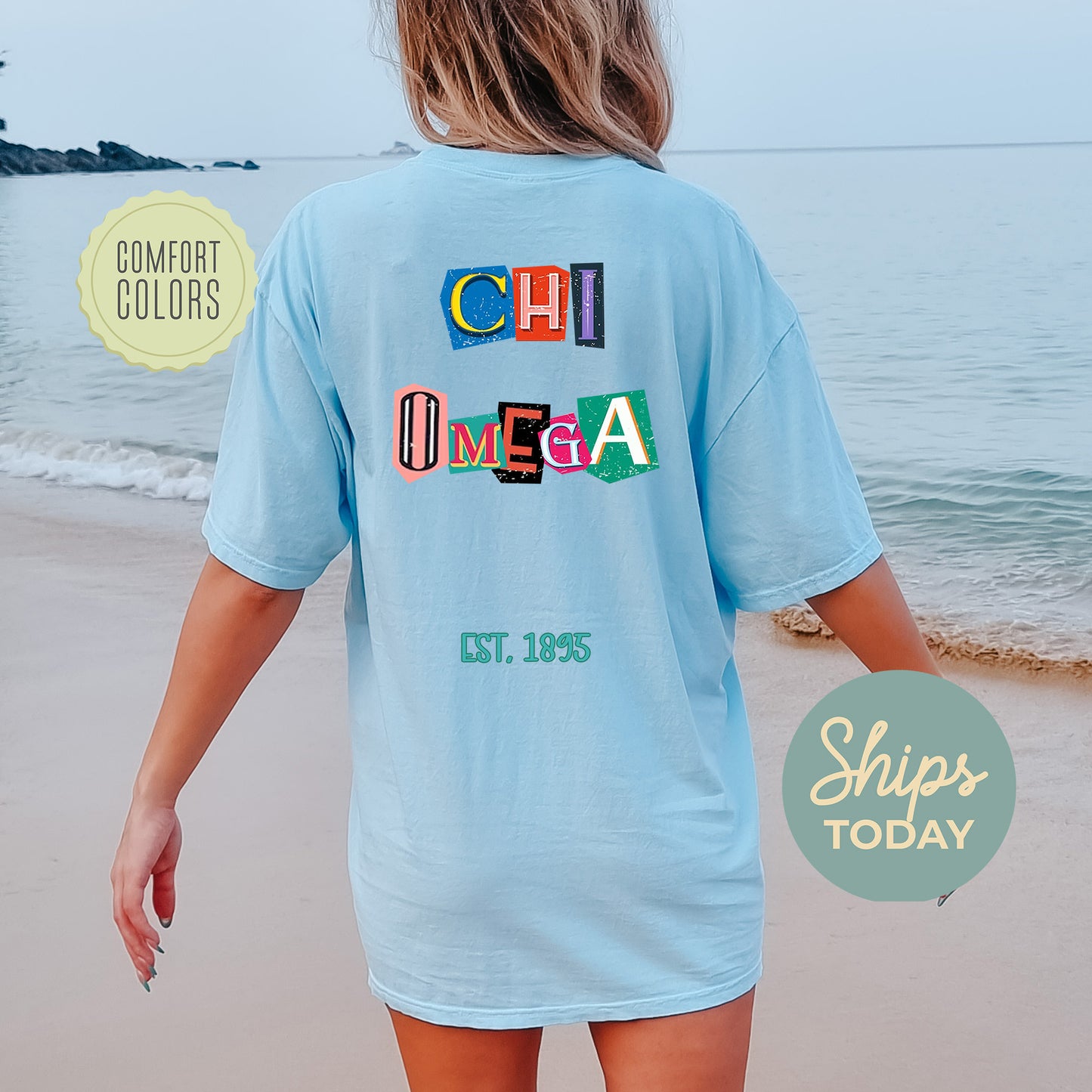 Chi Omega Letter Cuts Comfort Colors Sorority T-shirt _ 35896g