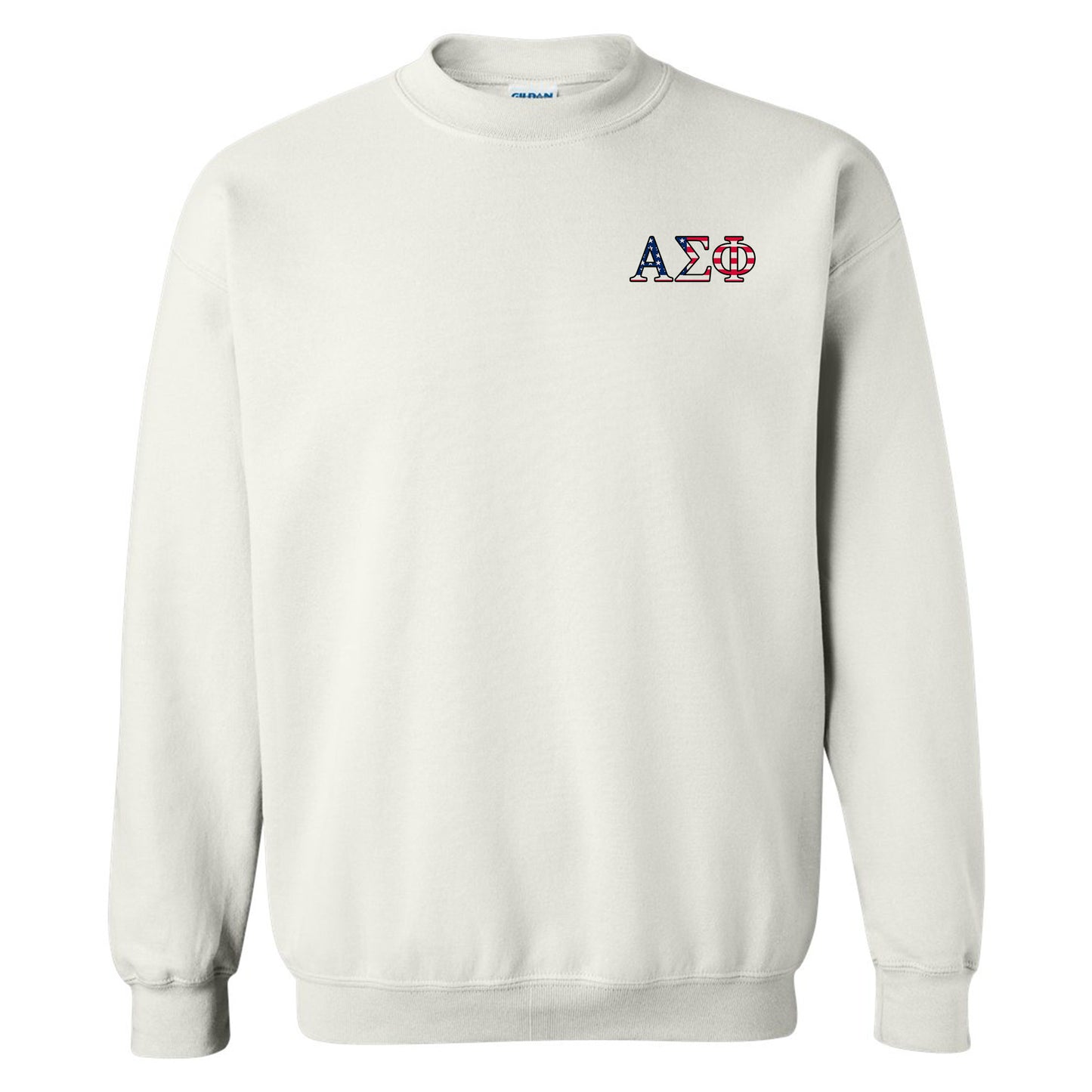 a white sweatshirt with the american flag on it