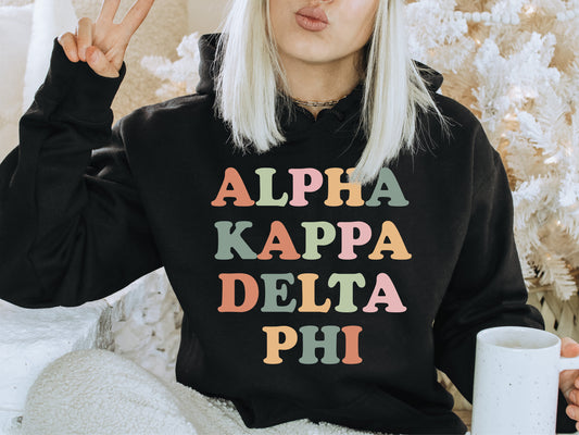Alpha Kappa Delta Phi Bright and Colorful Sorority Hoodie _ 3467g