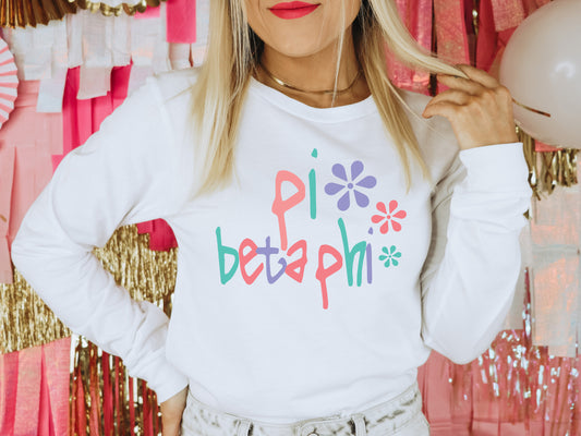 Pi Beta Phi Colorful Floral Sorority Long Sleeve T-shirt _ 2623g