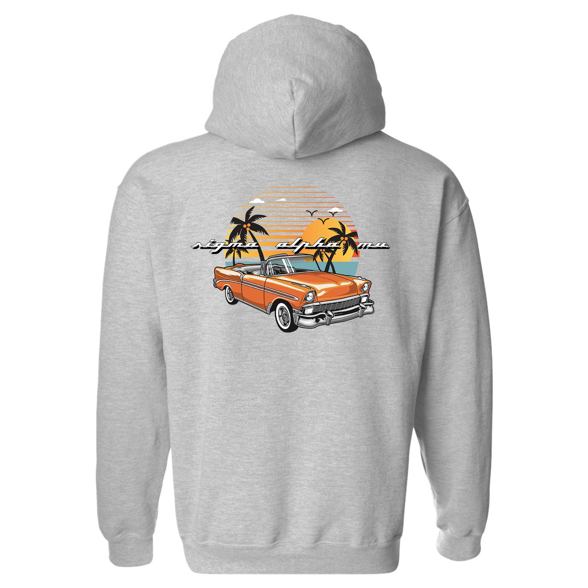 a grey hoodie with an orange car and palm trees