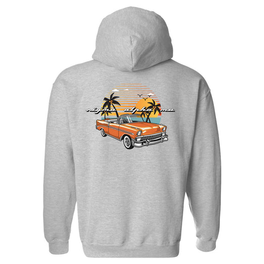 a grey hoodie with an orange car and palm trees