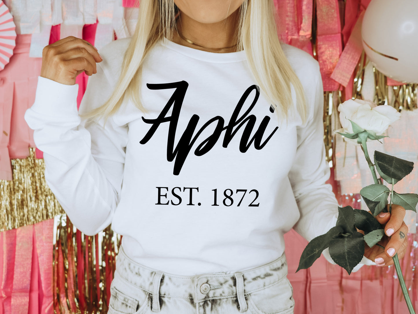 Alpha Phi Black Flowy Sorority Long Sleeve T-shirt _ 82g