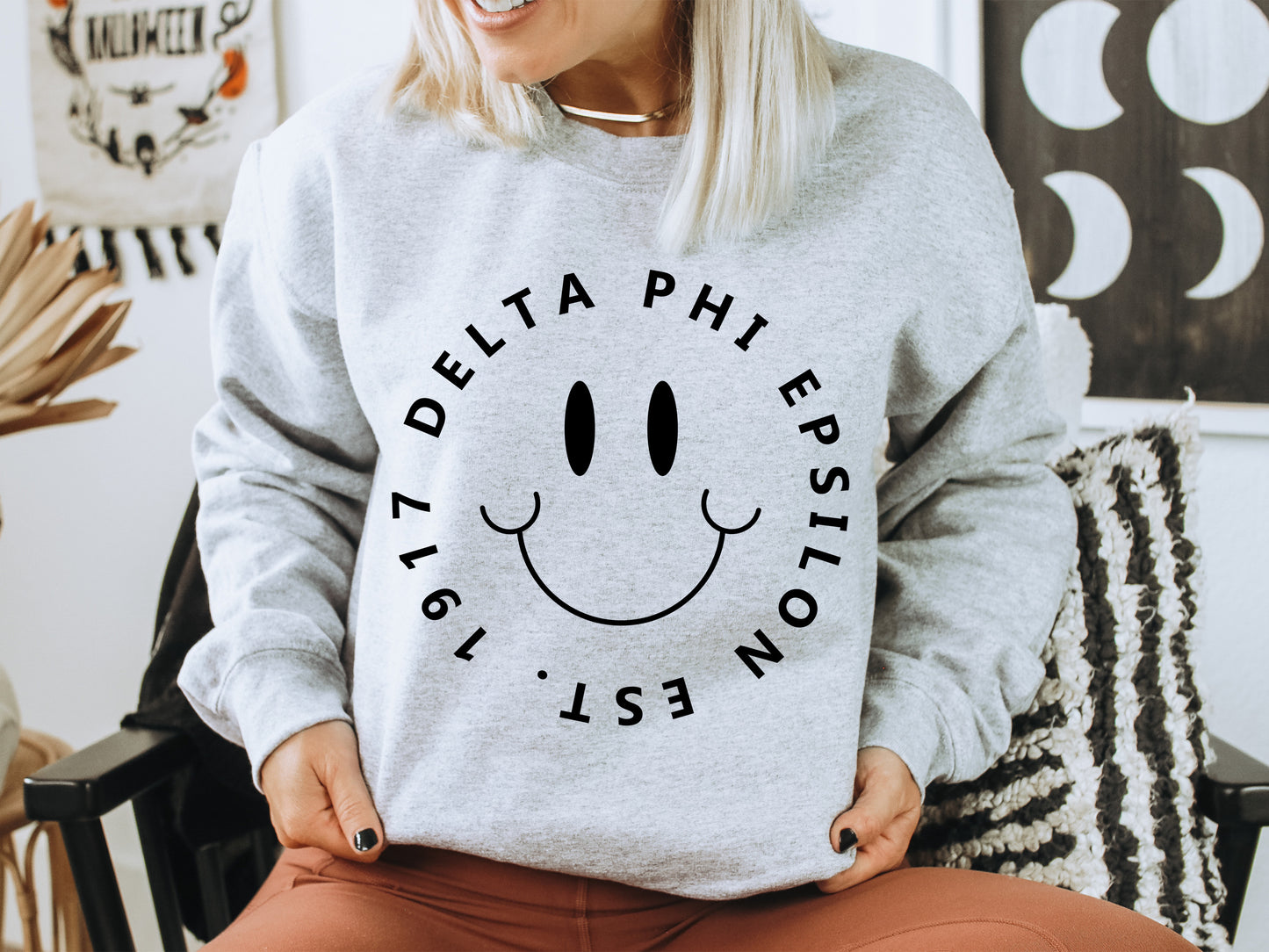 Delta Phi Epsilon Smiley Face Halo Sorority Sweatshirt _ 2511g